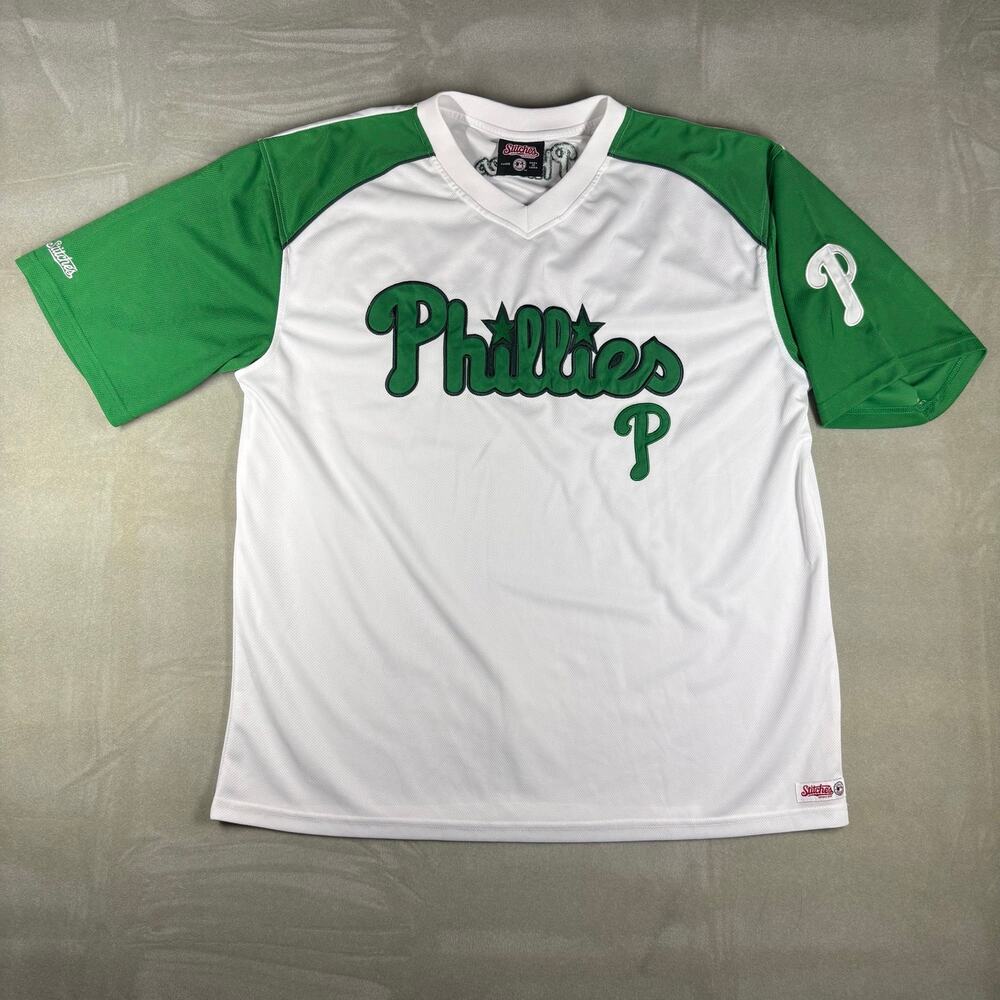 Philadelphia Phillies Stitches Jersey Shirt Green White MLB Mens XL V Neck‎